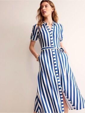 NWT Boden Blue and White Vertical-Stripe Midi Shirt Dress with Tie Waist